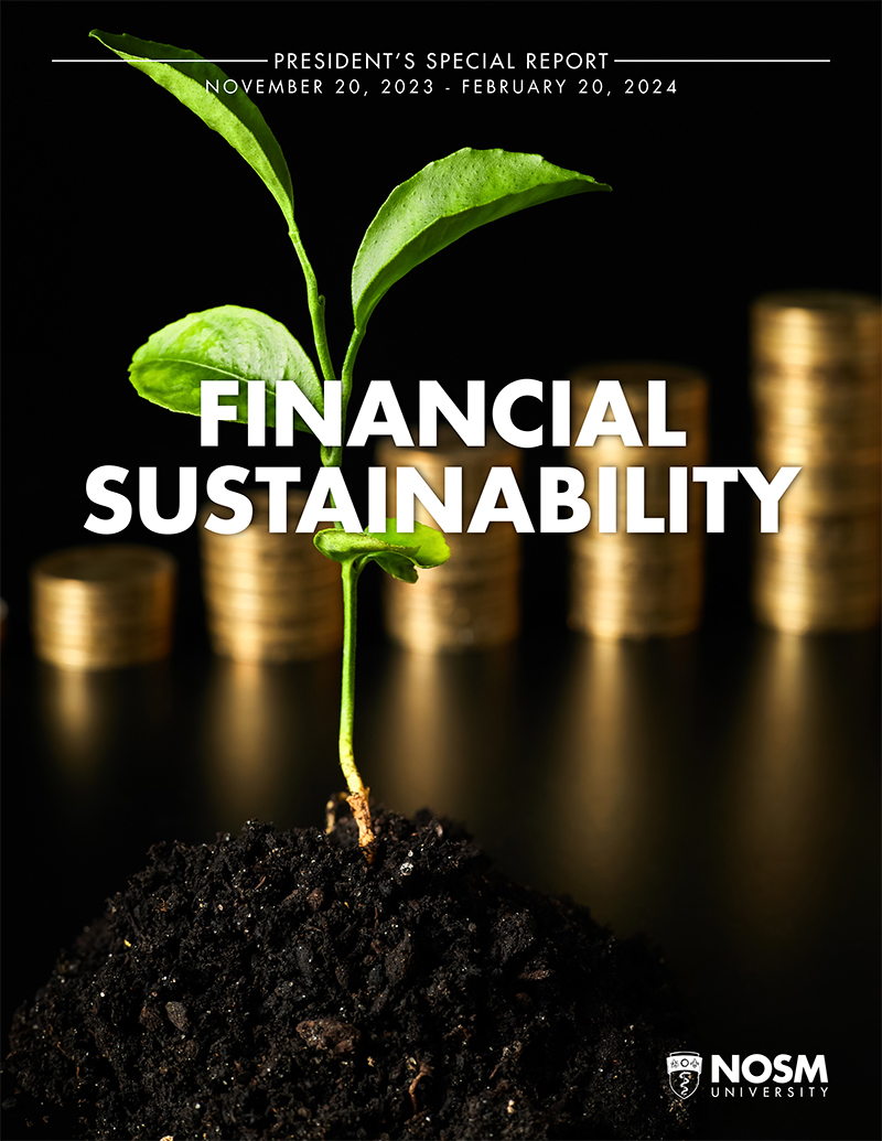 Financial Sustainability Presidents Report Cover: Small plant growing with out of focus coins in the background.<br />
